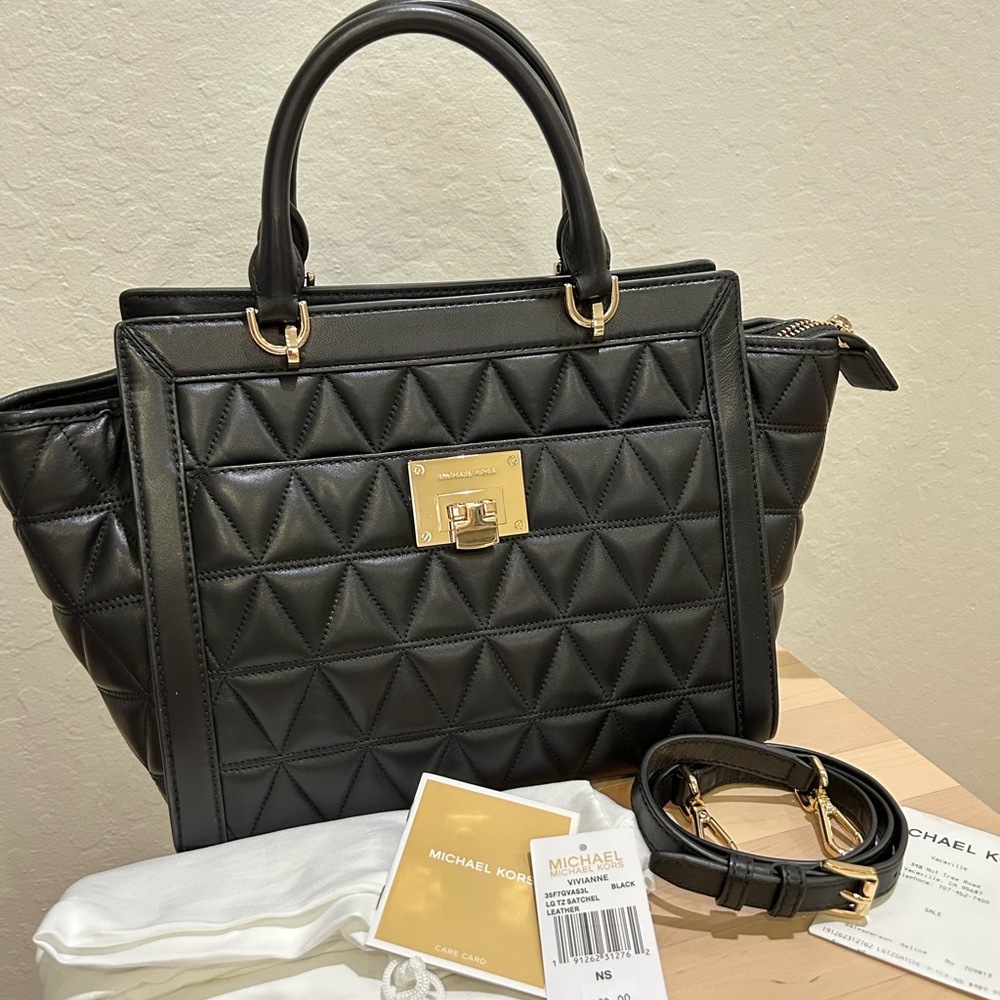 NWT Michael Kors Vivianne Large Black Quilted Leather Tote Bag Satchel Crossbody
